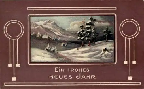 Präge Passepartout Ak Glückwunsch Neujahr, Tannenbäume, Berge, Schnee