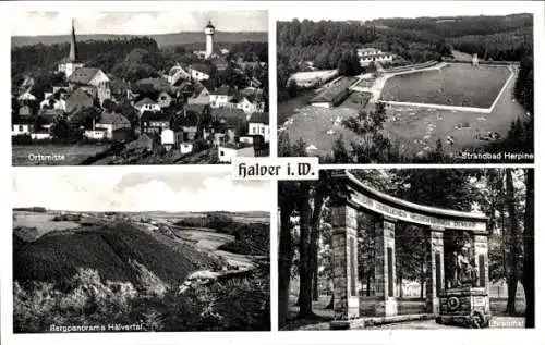 Ak Halver in Westfalen, Strandbad Herpine, Bergpanorama Hälvertal, Ehrenmal