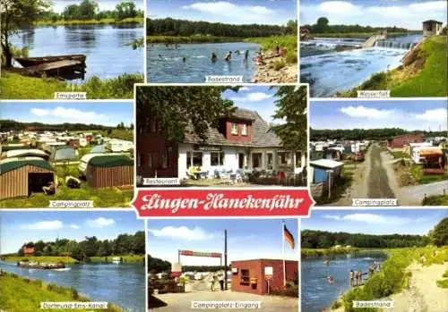 Ak Lingen im Emsland, Hanekenfähr, Campingplatz, Wasserfall, Badestrand