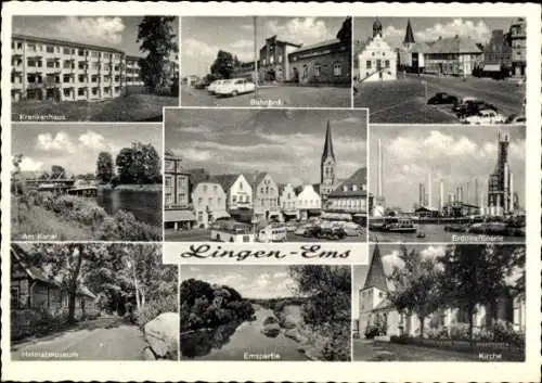 Ak Lingen im Emsland, Krankenhaus, Bahnhof, Kanal, Erdölraffinerie, Heimatmuseum, Ems, Kirche