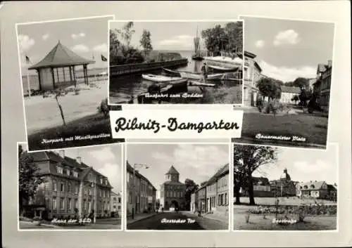 Ak Ribnitz Damgarten, Kurpark, Musikpavillon, Seestraße, Haus der SED, Rostocker Tor