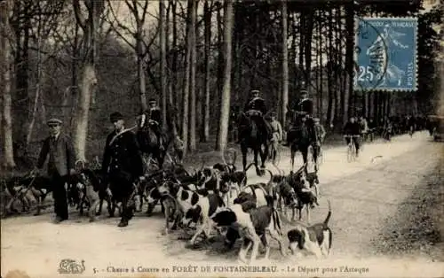 Ak Fontainebleau Seine et Marne, Jagd im Wald, Aufbruch