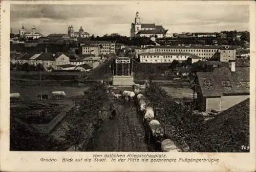 Ak Grodno Weißrussland, Kriegsschauplatz, gesprengte Fußgängerbrücke, Kremser