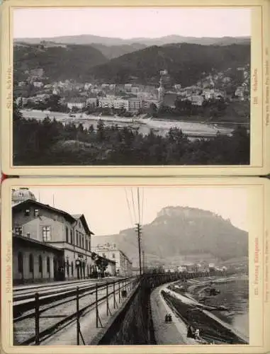 Mappe mit 12 Kabinettfotos Sächsische Schweiz um 1900 mit Bahnhof, Verlag Hermann Poy, Dresden, 1901