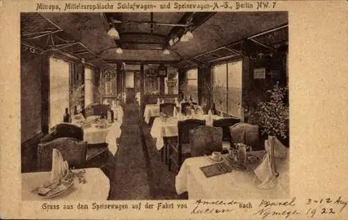 Ak Mitropa, Speisewagen, Innenansicht, Deutsche Eisenbahn