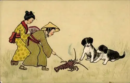 Litho Japaner mit Hummer und zwei Hunden