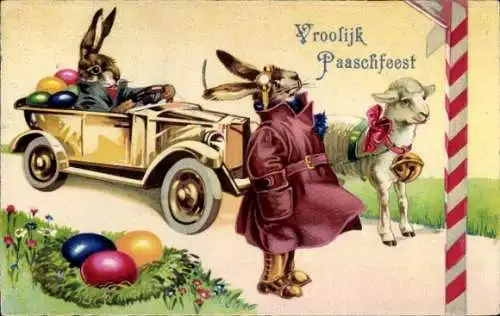 Ak Glückwunsch Ostern, Vermenschlichte Osterhasen, Lamm, Automobil, Ostereier