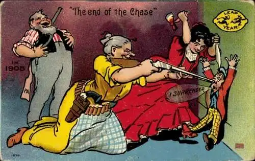 Ak Glückwunsch Neujahr, Leap Year, the end of the chase, 1908