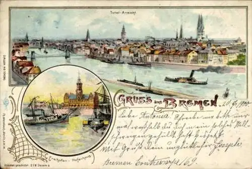 Litho Hansestadt Bremen, Totalansicht, Freihafen, Hafenhaus