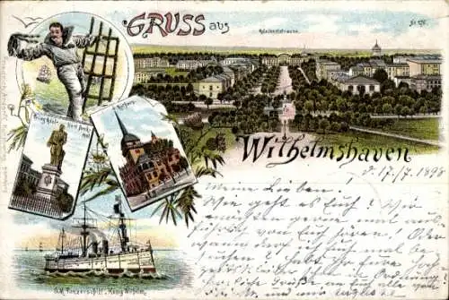 Litho Wilhelmshaven an der Nordsee, Marinesoldat, Rathaus, S.M. Panzerschiff König Wilhelm