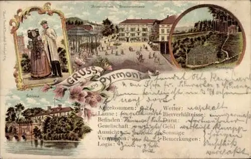 Litho Bad Pyrmont in Niedersachsen, Brunnenplatz, Brunnenstraße, Schloss, Tracht