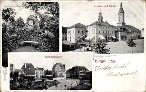 Ak Bürgel Thüringen, Gedenkstein, Hotel Ratskeller, Carl-Alex-Denkmal, Kirche