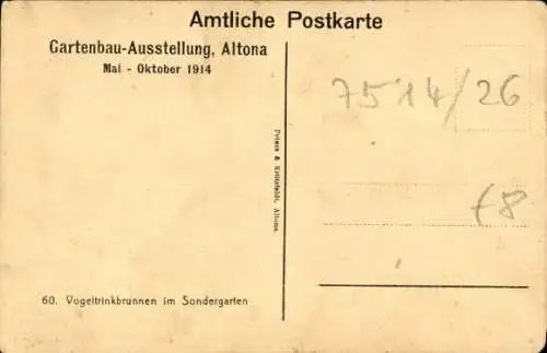 Ak Hamburg Altona, Gartenbau-Ausstellung Mai-Oktober 1914, Vogeltrinkbrunnen im Sondergarten