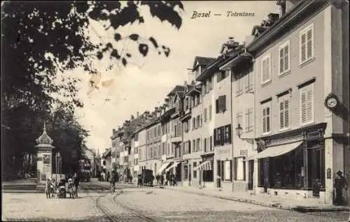 Ak Basel Stadt Schweiz, Totentanz, Straßenpartie, Geschäfte, Litfaßsäule