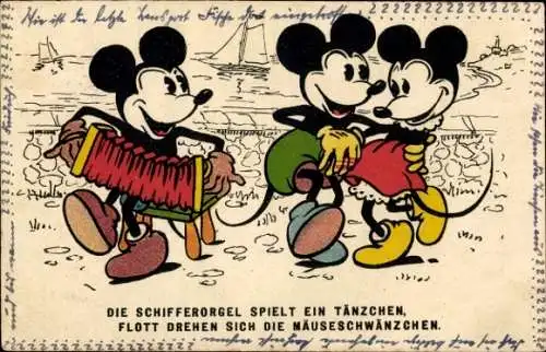 Künstler Ak Walt Disney, Mickey Maus, die Schifferorgel spielt ein Tänzchen