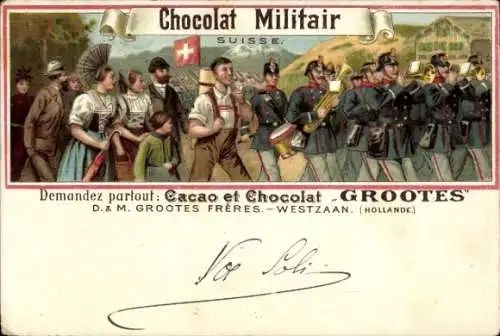 Litho Reklame Chacao et Chocolat Grootes, Chocolat Militair, Schweizer Soldaten