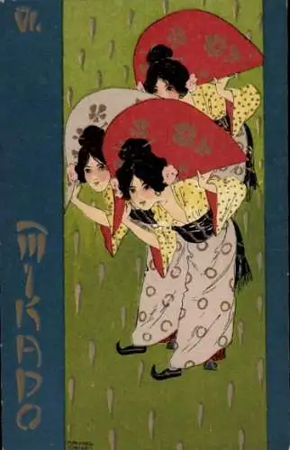 Jugendstil Künstler Litho Kirchner, Raphael, Mikado VI, Japanerinnen mit Fächern, Geishas