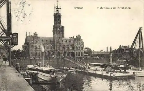 Ak Hansestadt Bremen, Hafenhaus im Freihafen, Dampfschiffe