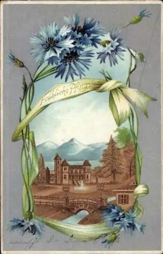 Passepartout Litho Glückwunsch Pfingsten, Schloss, Brücke, Blumen