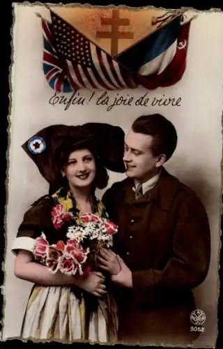 Ak Junge Frau in Elsässer Tracht, Liebespaar, Verbündete von Frankreich