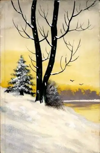 Handgemalt Ak Baum, Schnee, Tannenbäume