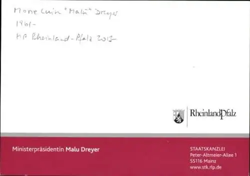 Autogrammkarte Ministerpräsidentin Malu Dreyer, Rheinland-Pfalz