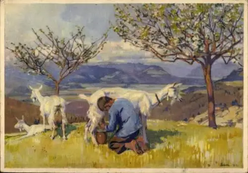 Künstler Ak Ziegenhirte beim Melken, Landschaftsidylle