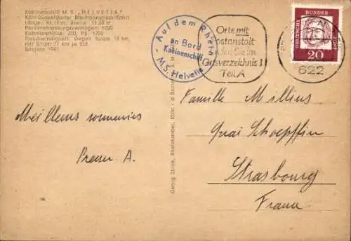 Ak Kabinenschiff M.S. Helvetia, Köln-Düsseldorfer-Rheindampfschifffahrt