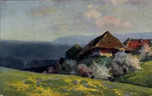 Künstler Ak Reiss, Fritz, Frühling im Schwarzwald, Wiese, Bauernhäuser