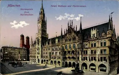 Ak München, Marienplatz, Dom, Mariensäule, Neues Rathaus, Fischbrunnen