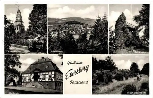 Ak Eversberg Meschede im Sauerland, Pfarrkirche, Burgruine, Rathaus, Wacholderheide