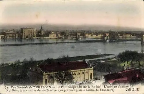 Ak Tarascon Bouches du Rhône, Pont suspendu sur le Rhone, Ancien Chateau du Roi Rene, Clocher