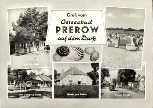 Ak Prerow auf dem Darß, Lange Straße, Strand, HO Eis Cafe, Postkartenladen, Campingplatz