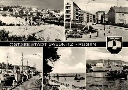 Ak Sassnitz auf Rügen, Wappen, Anker, Fischereihafen, August-Bebel-Straße, Schwedenfähre