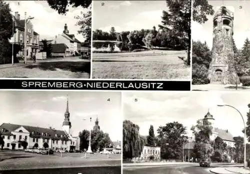 Ak Spremberg in der Lausitz, Postamt, Lange Straße, Schloss, Georgenbergturm, Rathaus, Schloss