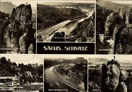 Ak Lohmen Sächsische Schweiz, Bastei, Basteibrücke, Rathen, Mönch, Blick von Basteifelsen