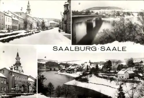 Ak Saalburg in Thüringen, Winter, Marktplatz, Rathaus, Blick vom FDGB-Erholungsheim Hermann Schlimme