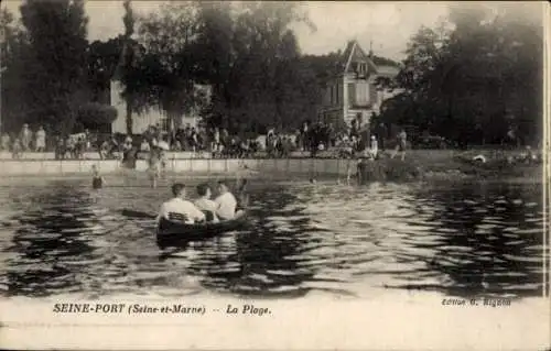 Ak Seine Port Seine et Marne, La Plage, Boot