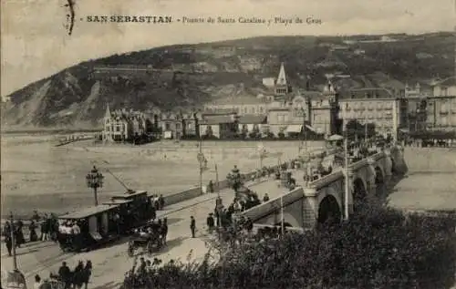 Ak Donostia San Sebastián Baskenland, Santa Catalina Bridge und Gros Beach