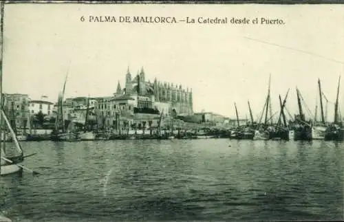 Ak Palma de Mallorca Balearen, Kathedrale vom Hafen aus