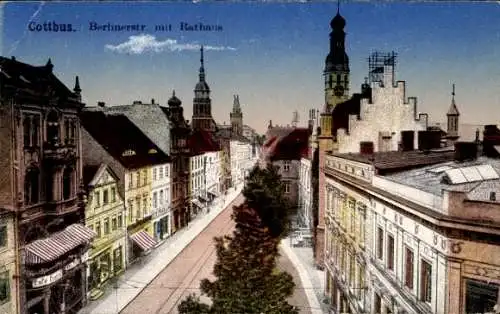 Ak Cottbus, Berliner Straße mit Rathausturm, Cafe Central