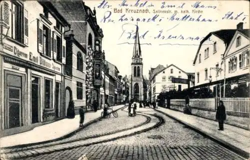 Ak Bad Kreuznach in Rheinland Pfalz, Salinenstraße mit katholischer Kirche