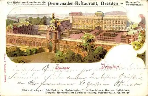 Litho Dresden Altstadt, Zwinger, Promenaden-Restaurant Der Hirsch am Rauchhaus, Webergasse