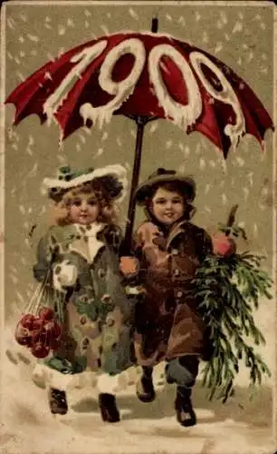 Ak Glückwunsch Neujahr 1909, Kinder mit Schirm, Schneefall, Tannenbaum, Apfel