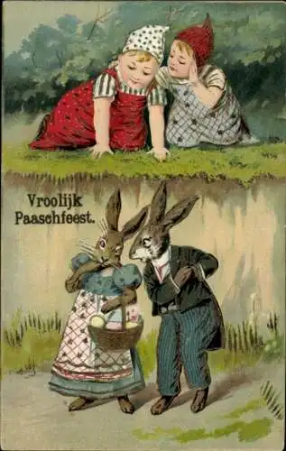 Präge Litho Glückwunsch Ostern, Vermenschlichte Hasen, Kinder