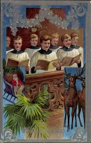 Präge Litho Glückwunsch Weihnachten, Weihnachtsmann, Chorknaben in der Kirche