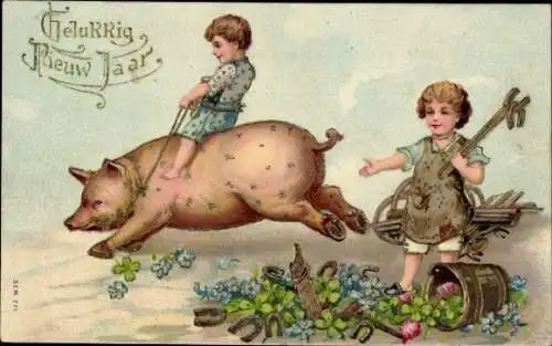 Präge Litho Glückwunsch Neujahr, Junge reitet auf einem Schwein, Klee, Hufeisen