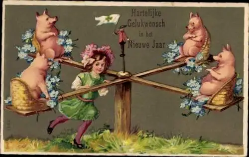 Litho Glückwunsch Neujahr, Schweine auf einem Karussell, Mädchen