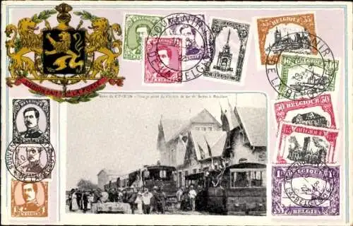 Präge Wappen Briefmarken Ak Corbion Bouillon Belgien, Inauguration du Chemin de fer, Gare, Bahnhof