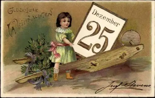 Präge Litho Glückwunsch Weihnachten, Schubkarre, Mädchen, Kalenderblatt Dezember 25